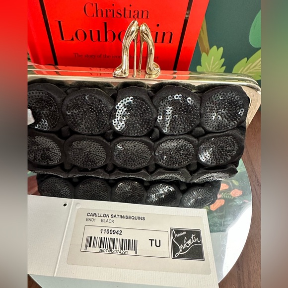 Christian Louboutin Carillon Black Satin & Sequined Shoe Kisslock Clutch 💃🩷♥️ - Picture 10 of 11